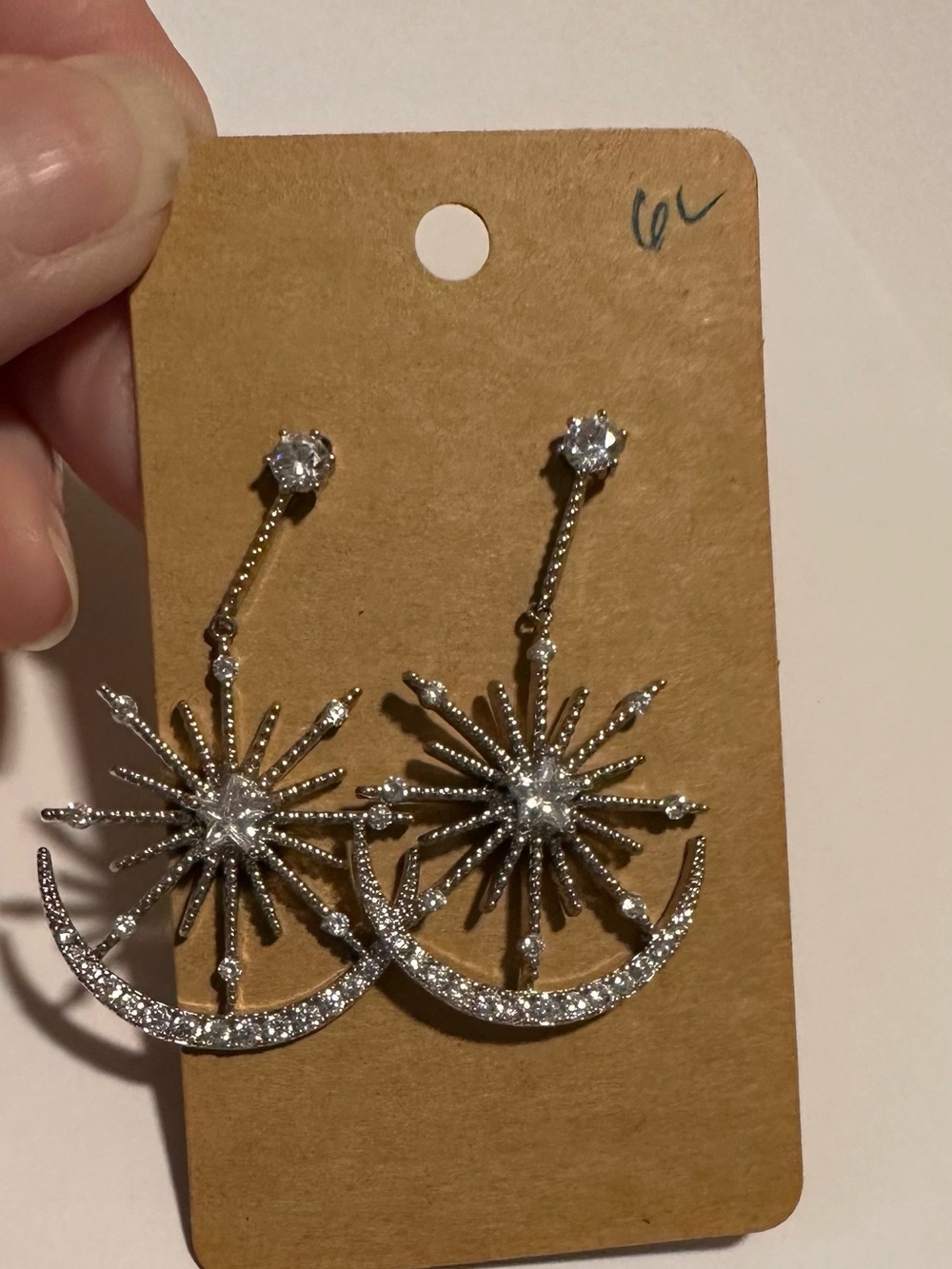 Silver Starburst Crescent crystal Drop pierced Earrings